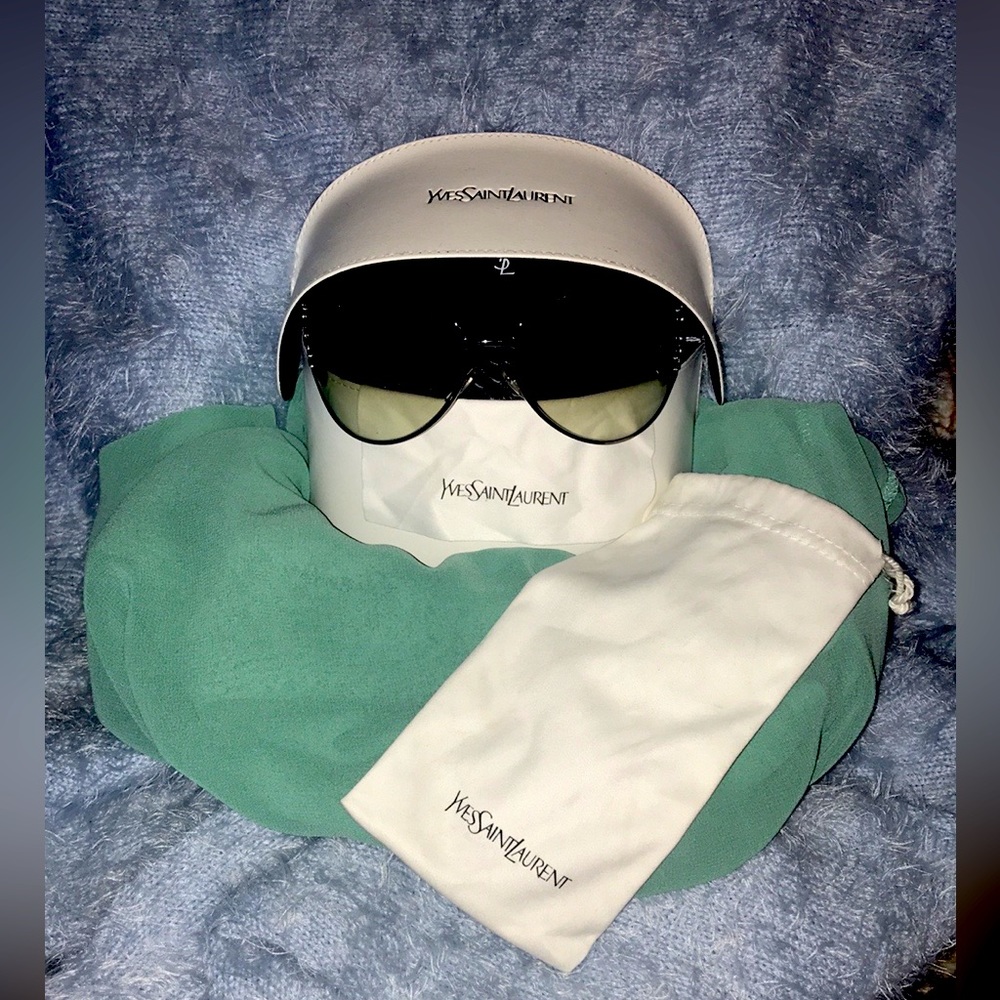 Authentic ysl vintage black sunglasses with trellis detail on frame temple